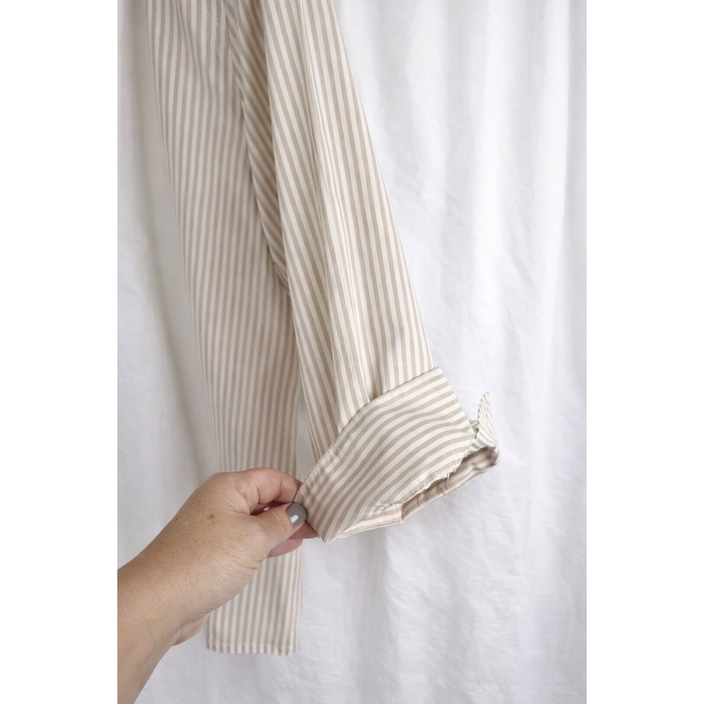 Chicos No Iron Button Up Top 3/4 Sleeve Tan White Striped Cotton Stretch 3 XL - Picture 3 of 10